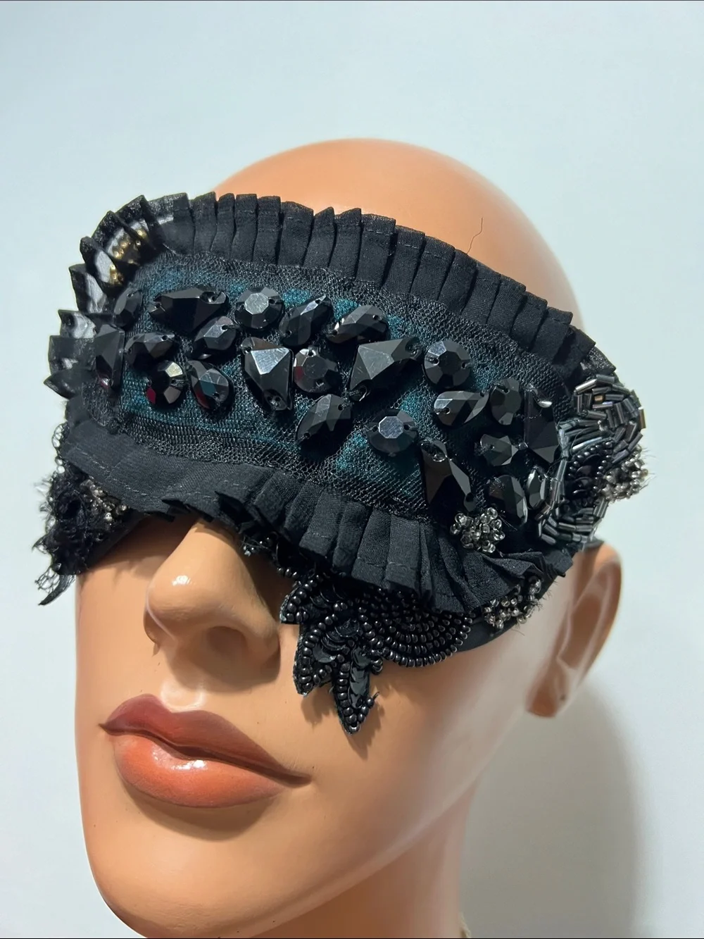 Black Beaded Lace Eye Mask - Elegant Sleep & Costume Accessory